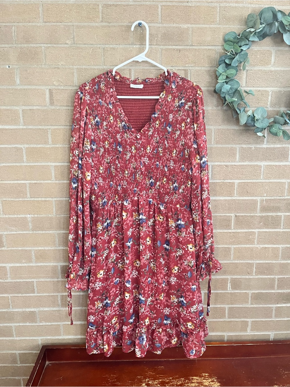 Chic Soul Red Floral Smocked V-Neck Long Sleeve Dress